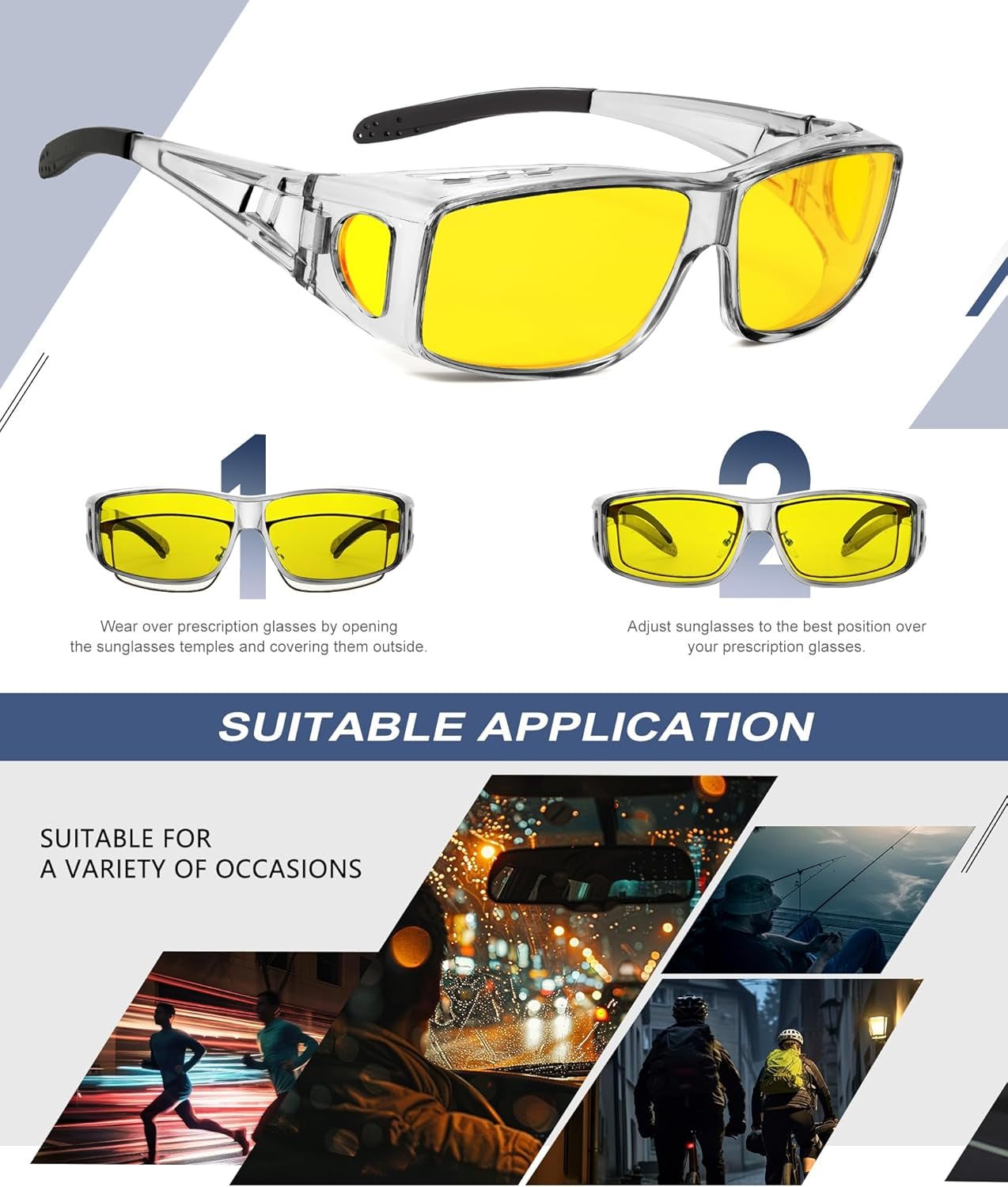 Night-Vision-Glasses Fit-Over-Glasses Wrap-Around Glasses: anti Glare Night Driving Glasses for Men Women HD Lens