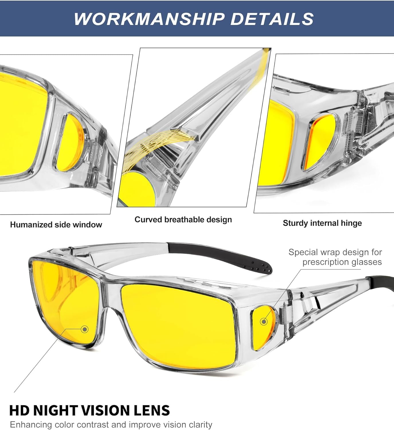 Night-Vision-Glasses Fit-Over-Glasses Wrap-Around Glasses: anti Glare Night Driving Glasses for Men Women HD Lens